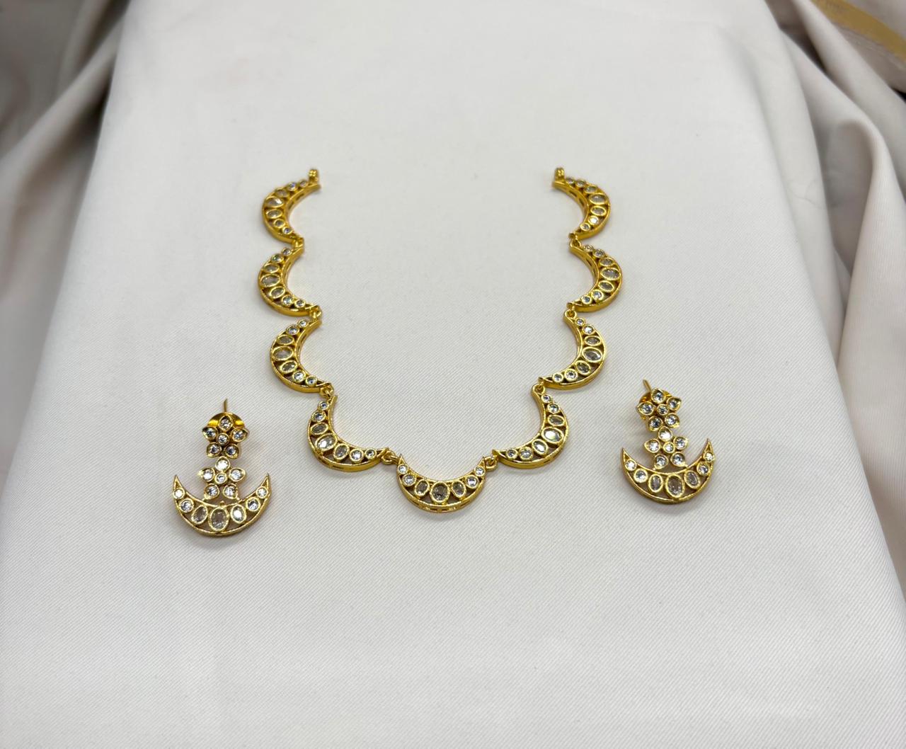 Matte Finish 1 Gram Gold Half Moon Necklace & Earring Set