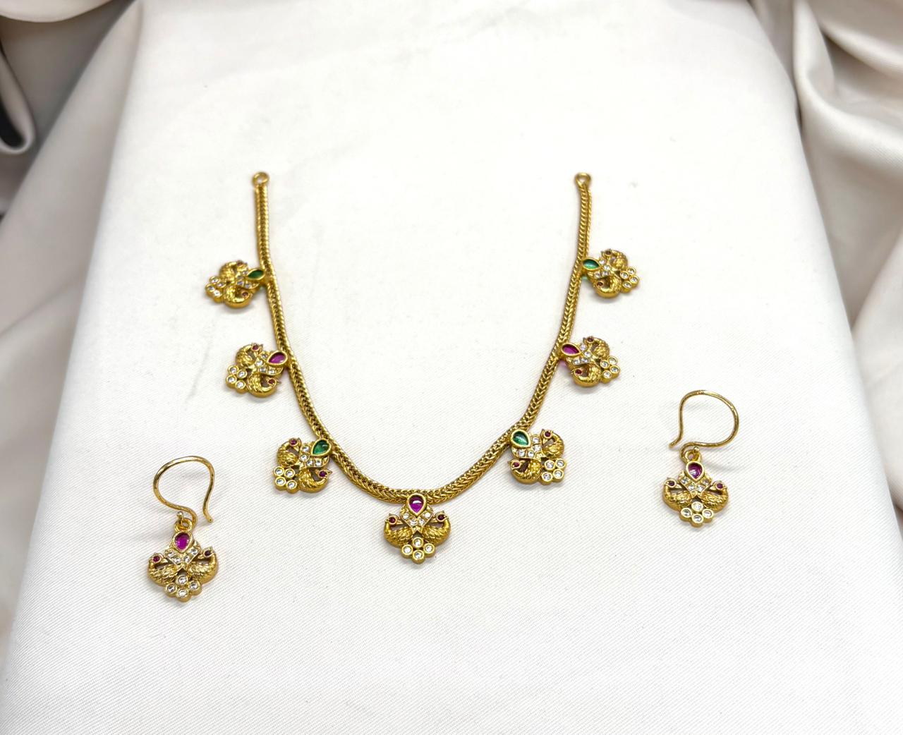 Matte Finish 1 Gram Gold Necklace Set with Ruby & Emerald Stones